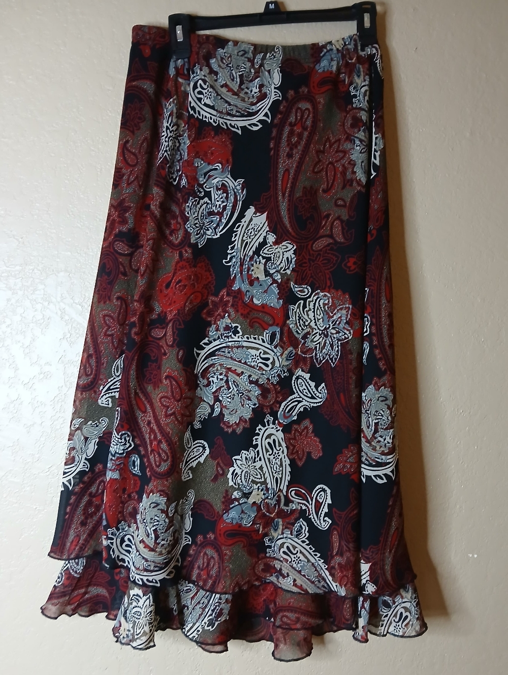 Vtg Midi Skirt Flutter A-Line Pull On Black Red Paisley Y2K Whimsigoth Fairy 16